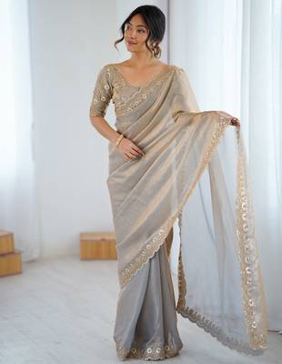 Grey tissue satin embrloidered saree with unstitched blouse piece. 3
