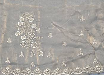Grey tissue satin embrloidered saree with unstitched blouse piece. 5