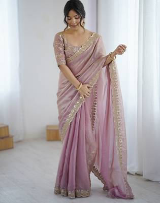 Pink tissue satin embrloidered saree with unstitched blouse piece. 2