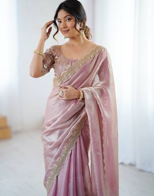 Pink tissue satin embrloidered saree with unstitched blouse piece. 4