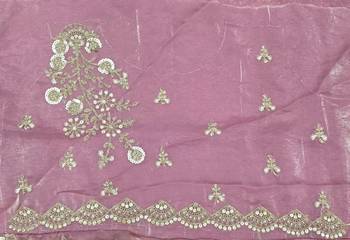 Pink tissue satin embrloidered saree with unstitched blouse piece. 5