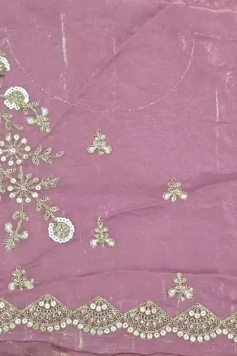 Pink tissue satin embrloidered saree with unstitched blouse piece.