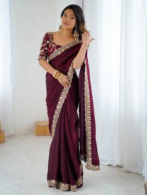 Wine tissue satin embrloidered saree with unstitched blouse piece. 2