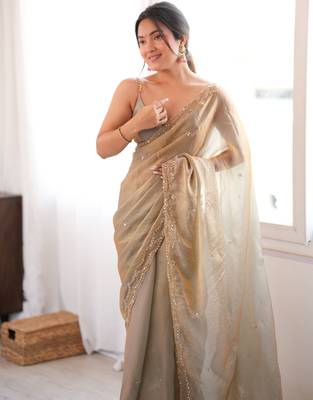 Beige tissue satin sequins saree with unstitched blouse piece. 1