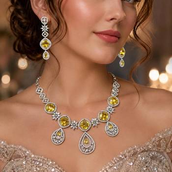Yellow Citrine CZ Bridal Jewelry Set, Silver Floral Necklace Earrings 1