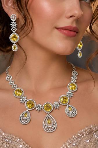 Yellow Citrine CZ Bridal Jewelry Set, Silver Floral Necklace Earrings