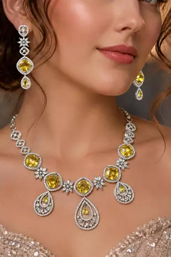 Yellow Citrine CZ Bridal Jewelry Set, Silver Floral Necklace Earrings