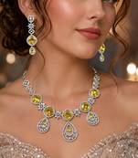 Yellow Citrine CZ Bridal Jewelry Set, Silver Floral Necklace Earrings