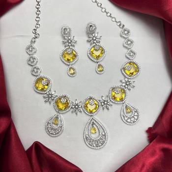 Yellow Citrine CZ Bridal Jewelry Set, Silver Floral Necklace Earrings 2