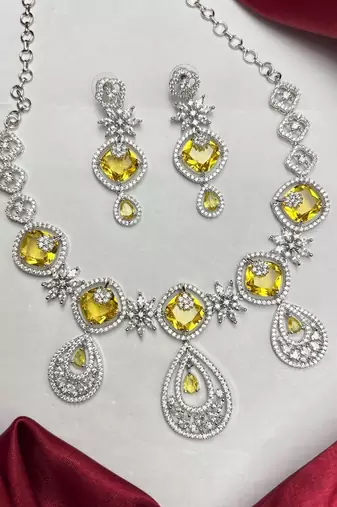 Yellow Citrine CZ Bridal Jewelry Set, Silver Floral Necklace Earrings