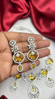 Yellow Citrine CZ Bridal Jewelry Set, Silver Floral Necklace Earrings 3