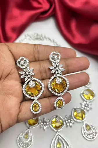 Yellow Citrine CZ Bridal Jewelry Set, Silver Floral Necklace Earrings