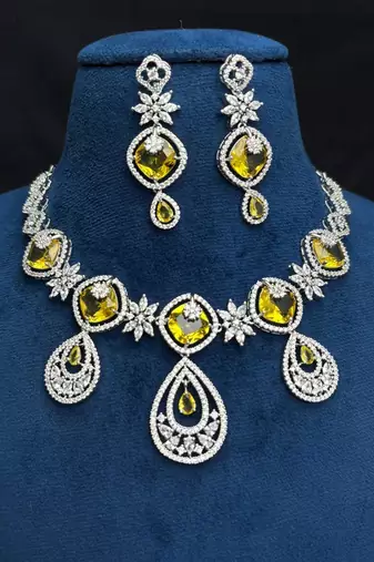 Yellow Citrine CZ Bridal Jewelry Set, Silver Floral Necklace Earrings