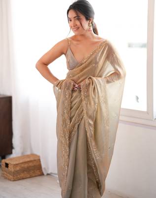 Beige tissue satin sequins saree with unstitched blouse piece. 3