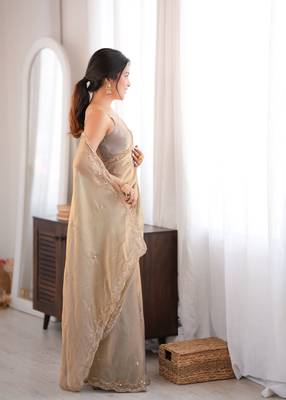 Beige tissue satin sequins saree with unstitched blouse piece. 4