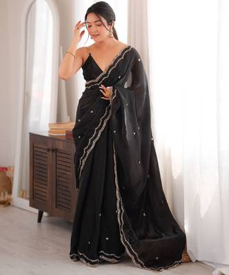 Black tissue satin sequins saree with unstitched blouse piece. 2