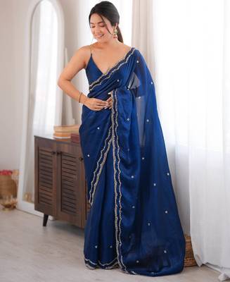 Blue tissue satin sequins saree with unstitched blouse piece. 2