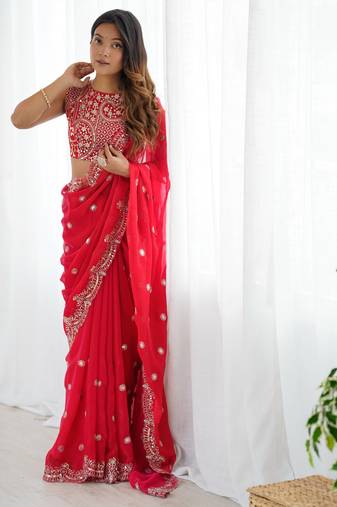 Red Fendy Chiffon Thread and Sequin Embroidered Saree With Fully Stitched Designer Blouse