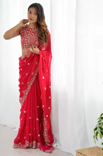 Red Fendy Chiffon Thread and Sequin Embroidered Saree With Fully Stitched Designer Blouse