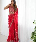 Red Fendy Chiffon Thread and Sequin Embroidered Saree With Fully Stitched Designer Blouse