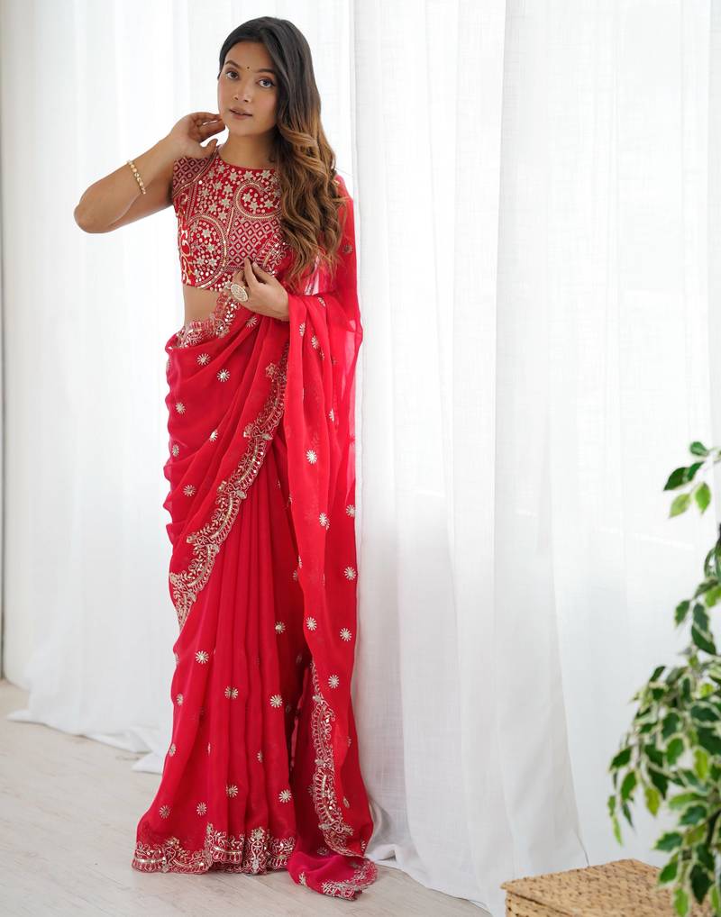 Red Fendy Chiffon Thread and Sequin Embroidered Saree With Fully Stitched Designer Blouse