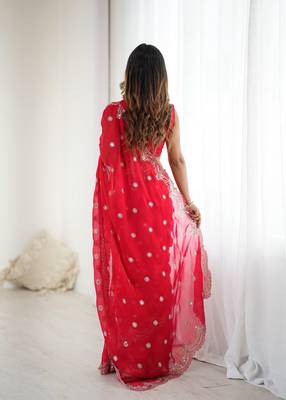 Red Fendy Chiffon Thread and Sequin Embroidered Saree With Fully Stitched Designer Blouse 2
