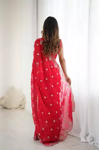Red Fendy Chiffon Thread and Sequin Embroidered Saree With Fully Stitched Designer Blouse