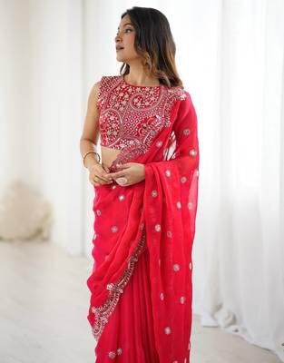 Red Fendy Chiffon Thread and Sequin Embroidered Saree With Fully Stitched Designer Blouse 3
