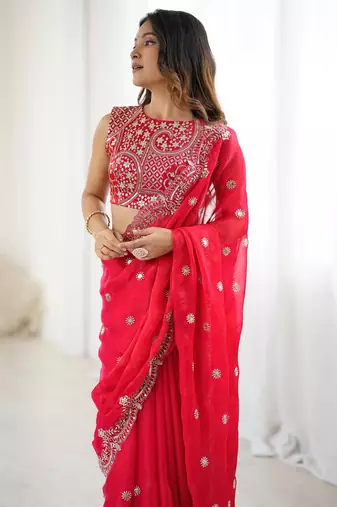 Red Fendy Chiffon Thread and Sequin Embroidered Saree With Fully Stitched Designer Blouse