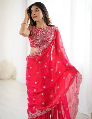 Red Fendy Chiffon Thread and Sequin Embroidered Saree With Fully Stitched Designer Blouse 4