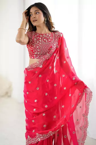 Red Fendy Chiffon Thread and Sequin Embroidered Saree With Fully Stitched Designer Blouse