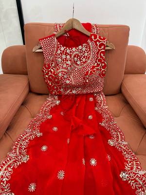 Red Fendy Chiffon Thread and Sequin Embroidered Saree With Fully Stitched Designer Blouse 5