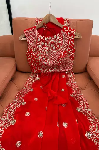 Red Fendy Chiffon Thread and Sequin Embroidered Saree With Fully Stitched Designer Blouse