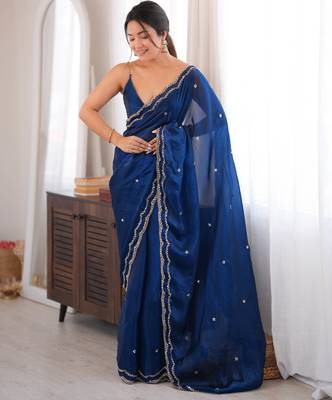 Blue tissue satin sequins saree with unstitched blouse piece. 5