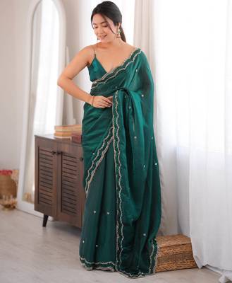 Bottle green tissue satin sequins saree with unstitched blouse piece. 2