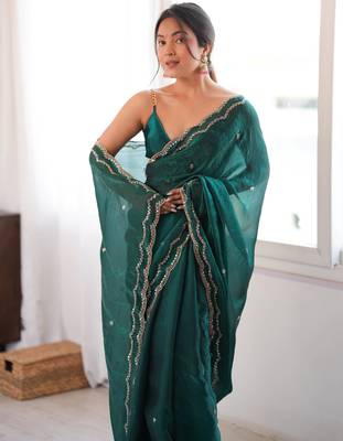 Bottle green tissue satin sequins saree with unstitched blouse piece. 4
