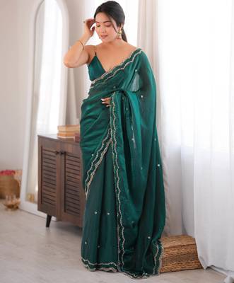 Bottle green tissue satin sequins saree with unstitched blouse piece. 5