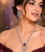 Ruby Red Teardrop CZ Necklace Earrings Set, Bridal Wedding Jewelry, Prom Crystal Drop