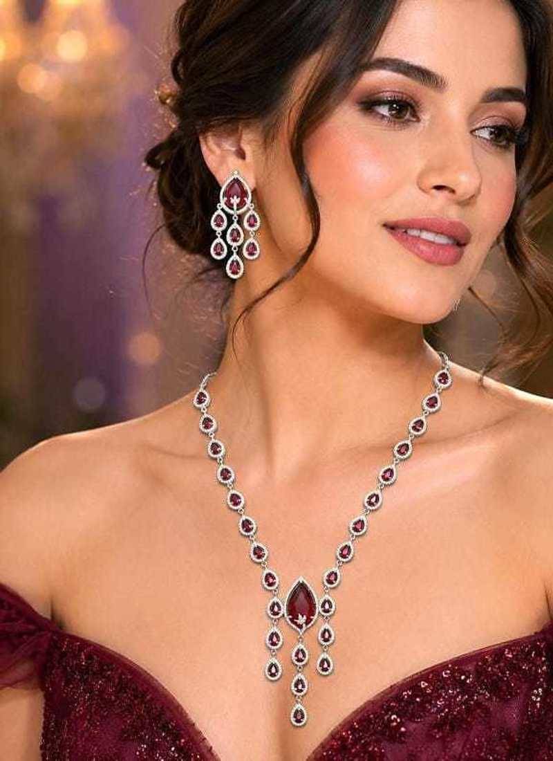 Ruby Red Teardrop CZ Necklace Earrings Set, Bridal Wedding Jewelry, Prom Crystal Drop