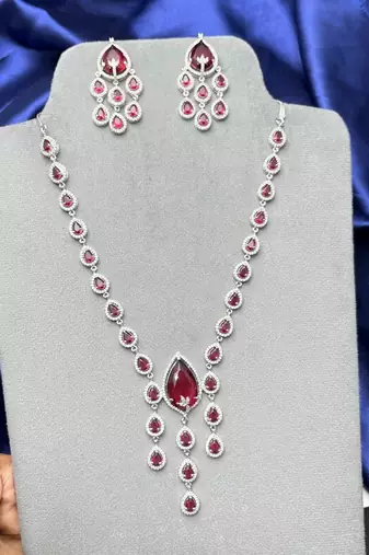 Ruby Red Teardrop CZ Necklace Earrings Set, Bridal Wedding Jewelry, Prom Crystal Drop