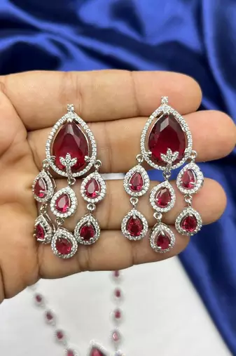 Ruby Red Teardrop CZ Necklace Earrings Set, Bridal Wedding Jewelry, Prom Crystal Drop