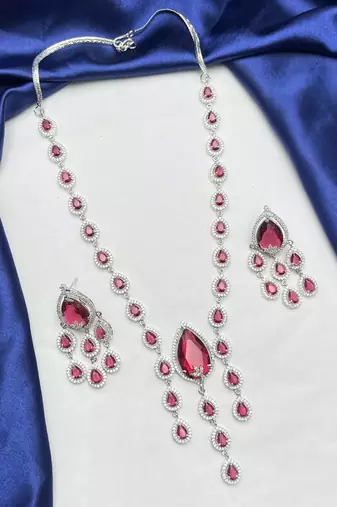 Ruby Red Teardrop CZ Necklace Earrings Set, Bridal Wedding Jewelry, Prom Crystal Drop