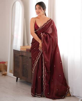 Maroon tissue satin sequins saree with unstitched blouse piece. 2