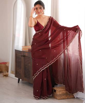 Maroon tissue satin sequins saree with unstitched blouse piece. 3