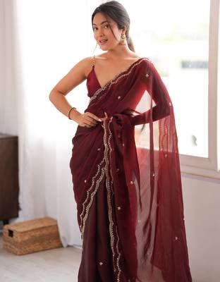 Maroon tissue satin sequins saree with unstitched blouse piece. 4