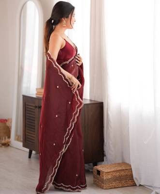 Maroon tissue satin sequins saree with unstitched blouse piece. 5