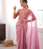Pink tissue satin sequins saree with unstitched blouse piece.