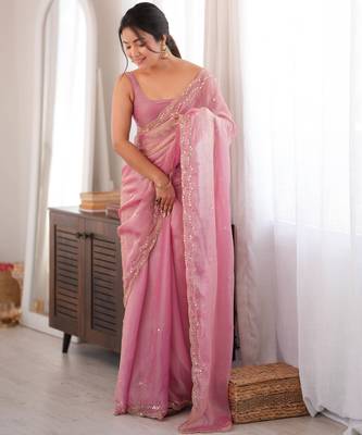 Pink tissue satin sequins saree with unstitched blouse piece. 2