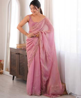 Pink tissue satin sequins saree with unstitched blouse piece. 3