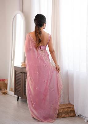 Pink tissue satin sequins saree with unstitched blouse piece. 5